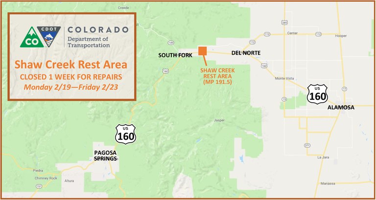 US 160 Shaw Creek Rest Area closed for repairs, Feb 19-23, 2018