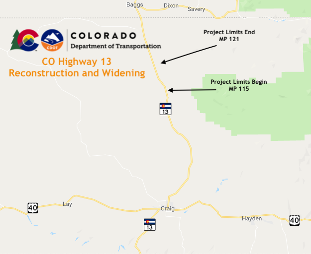 CO 13 Reconstruction and Widening project map from Mile Post 121 to 115