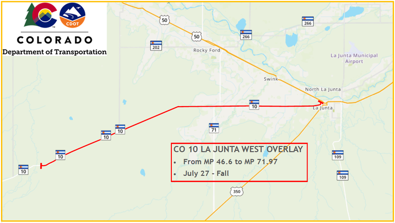 CO 10 La Junta West Overlay project map, mp 46.6-71.97, July 27 - Fall, 2020