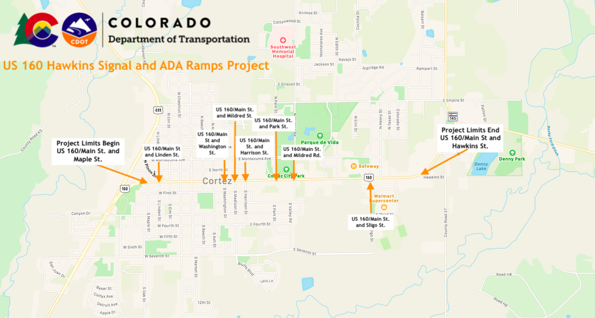 US 160 Hawkins Signal and ADA Ramps Project map in Cortez detail image