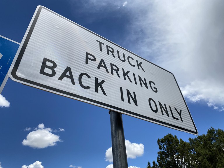 US 160 Rest Area Sign: Truck Parking, Back in Only