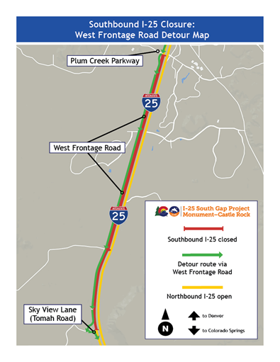 SB I-25 closure on I-25 S. Gap project, SB closed, detour route via W. FR, NB I-25 open