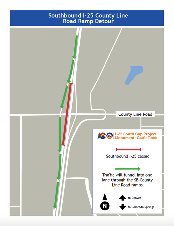 Southbound I-25 County Line Road Ramp detour map - I-25 South Gap Project