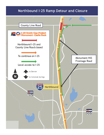 Northbound I-25 ramp detour and closure map along I-25 South Gap project detail image