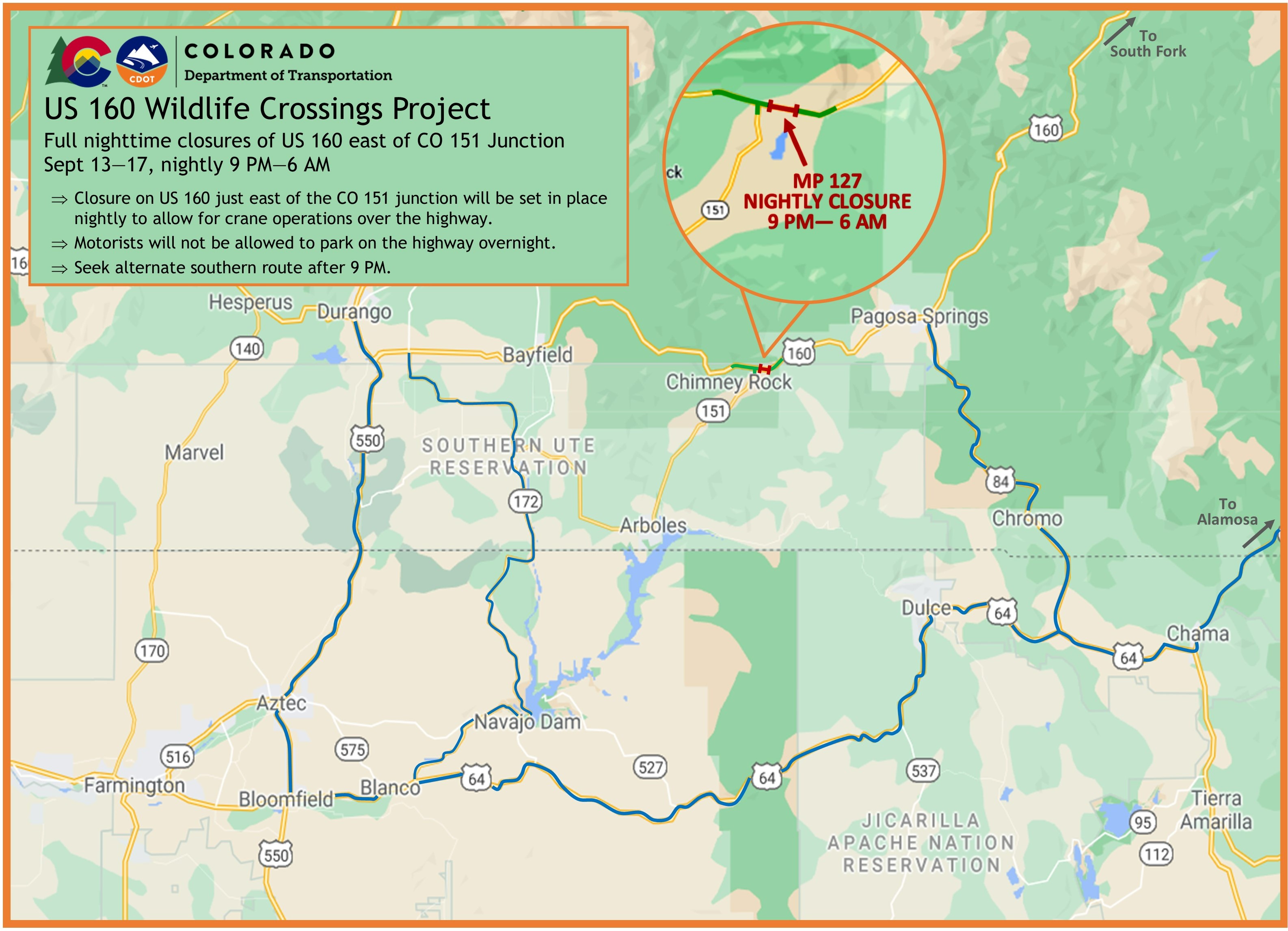 US 160 Wildlife Crossings project map of Nightly Closures from Sept. 13 to 17 detail image