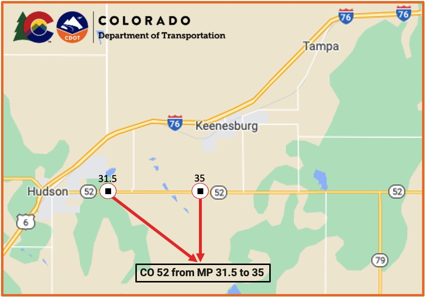 CO 52 project map from Hudson to Keenesburg at Mile Points 31.5 to 35 detail image