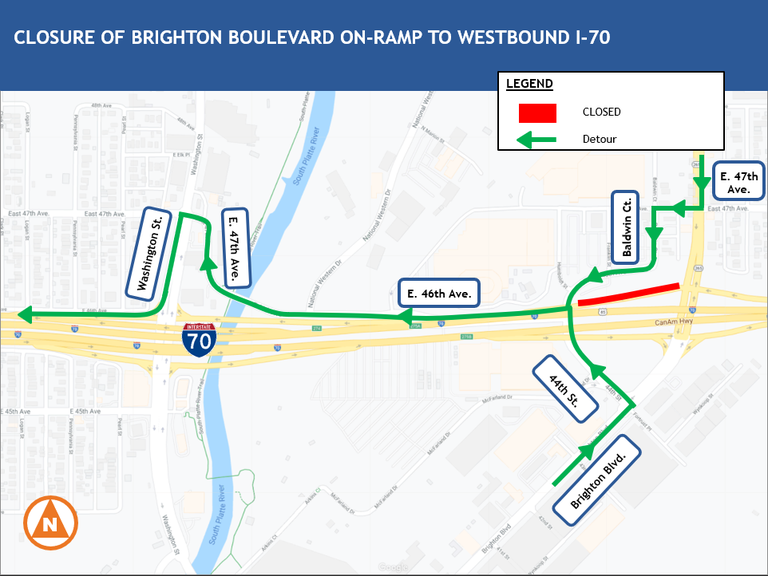Closure map of Brighton Blvd. on-ramp to westbound I-70