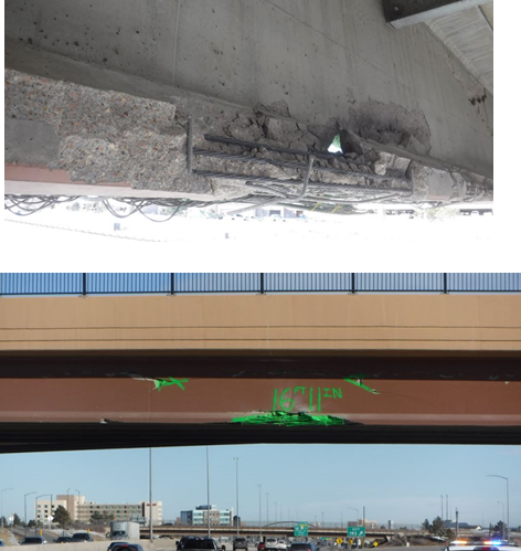 Bridge damage above I-25 due to semi-truck impact detail image