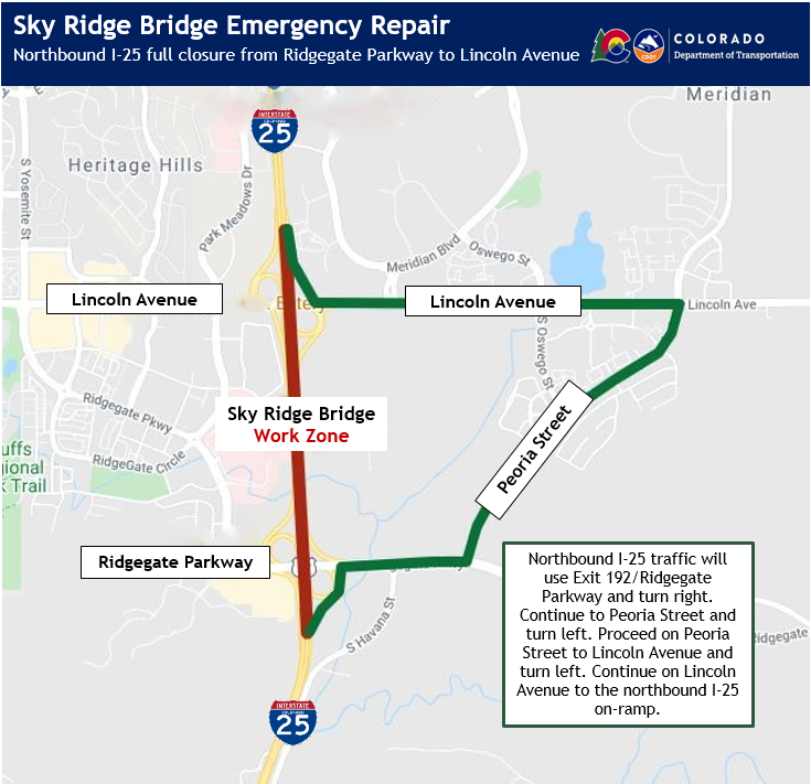 Sky Ridge Bridge Emergency Repair - Northbound I-25 full closure from Ridgegate Parkway to Lincoln Avenue detail image