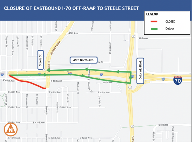 I-70 eastbound off-ramp to Steele St. project map