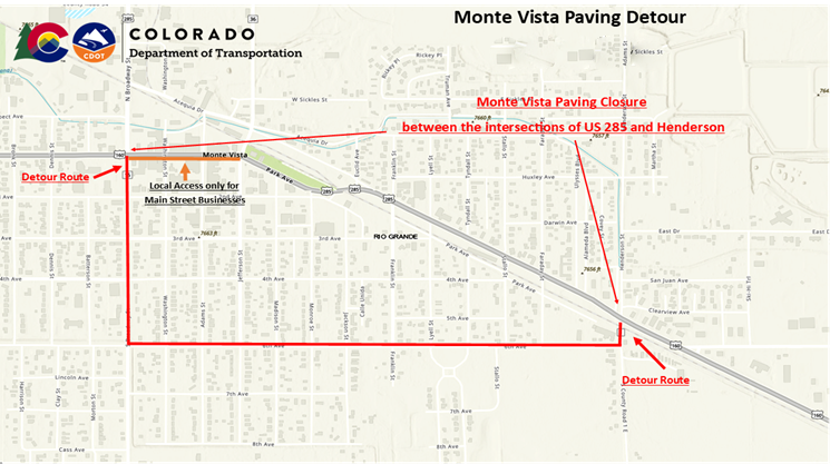 Monte Vista paving closure between the intersections of US 285 and Henderson 