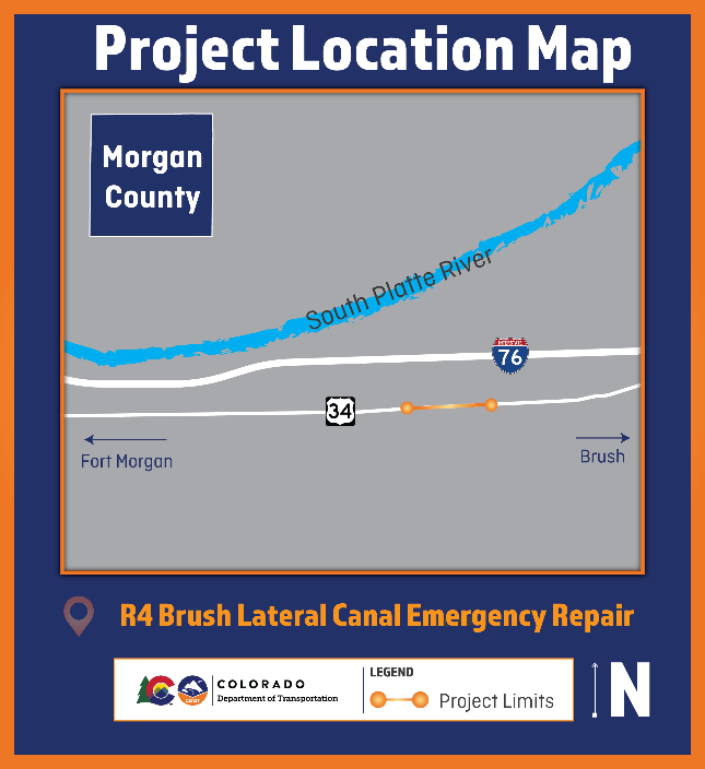 R4 Brush lateral canal emergency repair project location in Morgan County on US 34