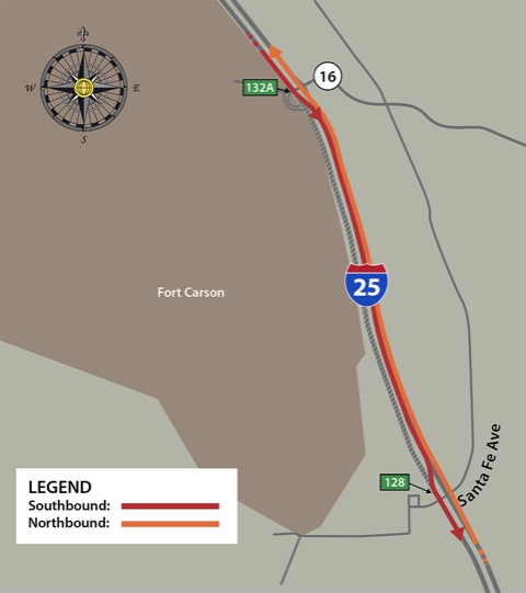 Map of I-25 between CO 16 and Santa Fe Avenue in Colorado Springs
