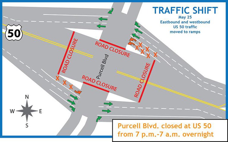 Purcell Blvd closed at US 50 from 7 p.m. to 7 a.m. overnigh on July 10. Detour map of the traffic shift.