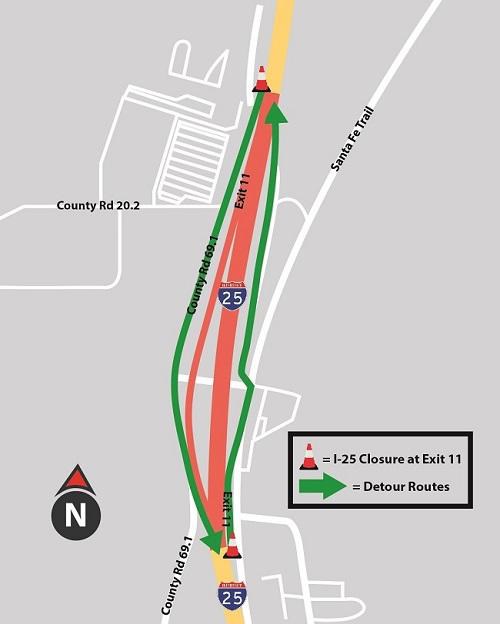 I-25 Exit 11 partial full-day closure location map