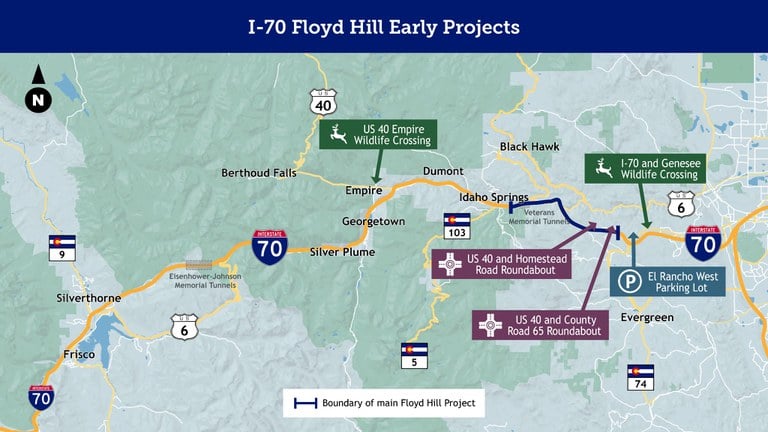 I-70 Floyd Hill early projects map including: US 40 Empire wildlife crossing, US 40 and Homestead road roundabout, US 40 and County Road 65 roundabout, I-70 and Genesee wildlife crossing, and El Rancho west parking lot.