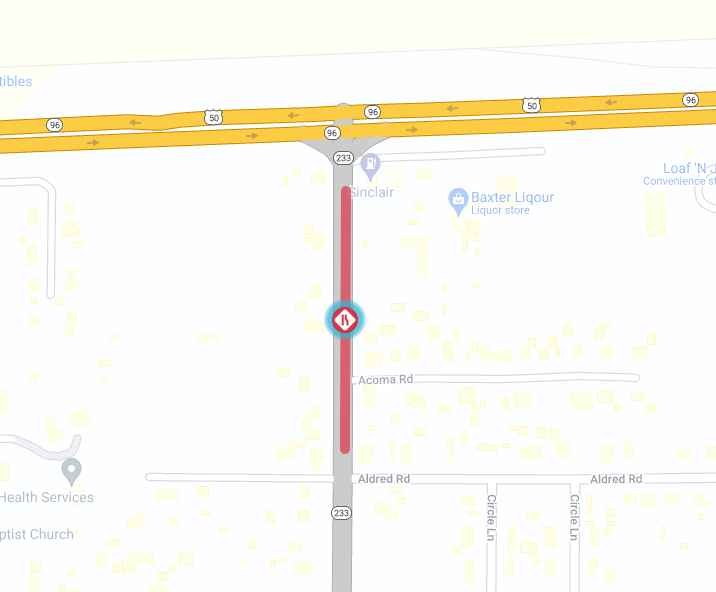 US 50 left lane closure at Baxter road. Baxter road will be closed to left turns onto US 50 and westbound traffic on US 50 will not be able to turn left onto Baxter road.