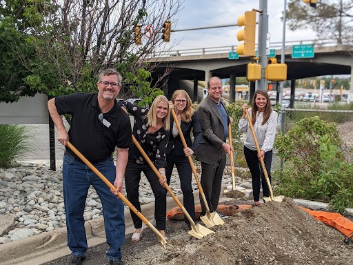Jefferson County Commissioner Andy Kerr, CDOT Region 1 Transportation Director Jessica Myklebust, CDOT Executive Director Shoshana Lew, Governor Jared Polis, Denver City Councilwoman Amanda Sandoval breaking ground for I-70 over Harlan Street bridge replacement