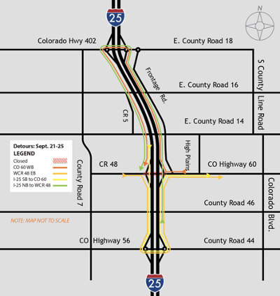 CO 60 detour map at I-25 southbound off-ramp to CO 56 and County Road 44 detail image