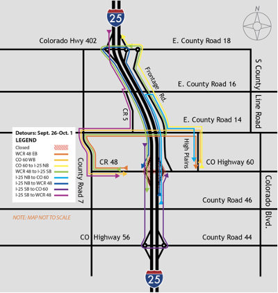 CO 60 detour map at I-25 northbound to East County Road 18 to southbound County Road 48 detail image