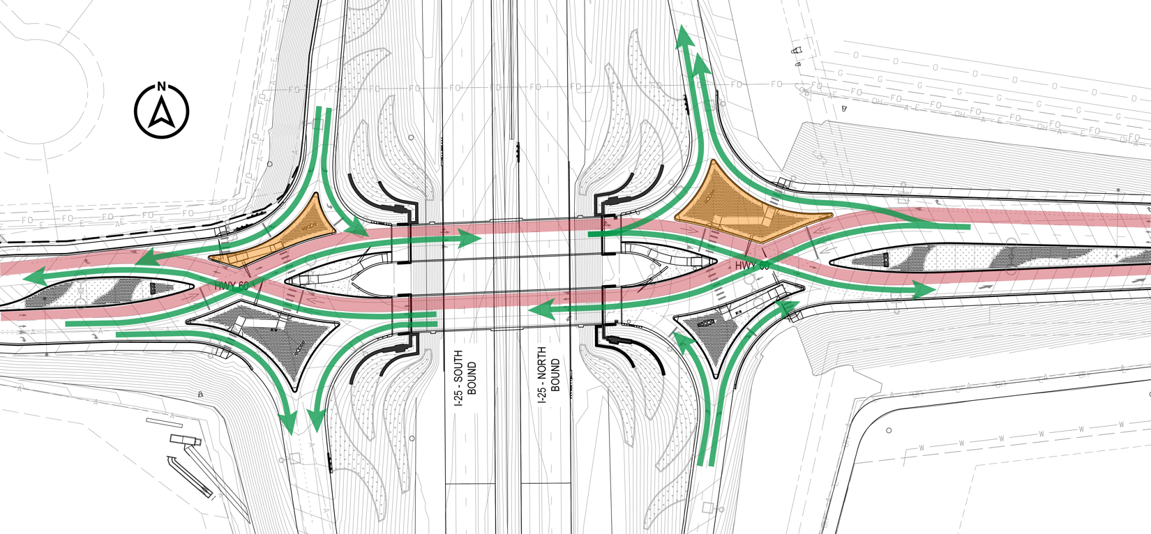 Diverging Diamon interchange I-25 North Express Lanes project map rendering detail image