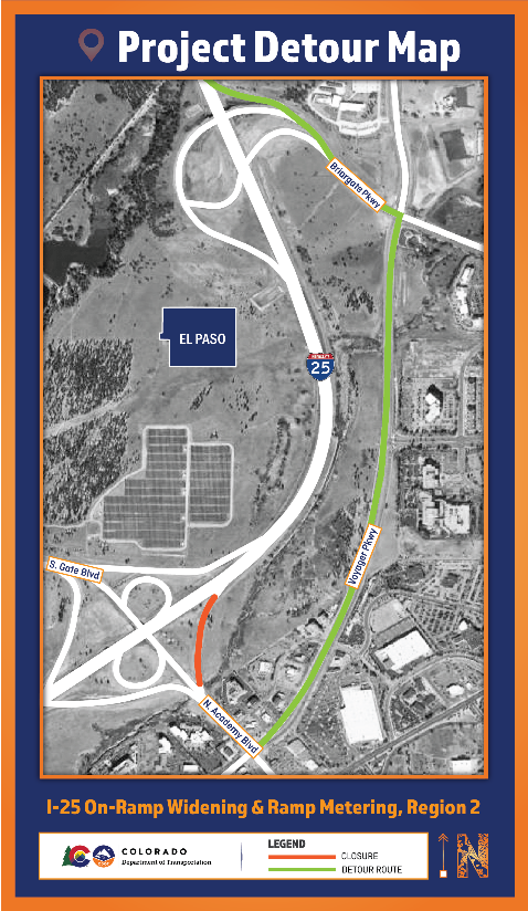 I-25 on-ramp widening and metering detour map in El Paso County detail image