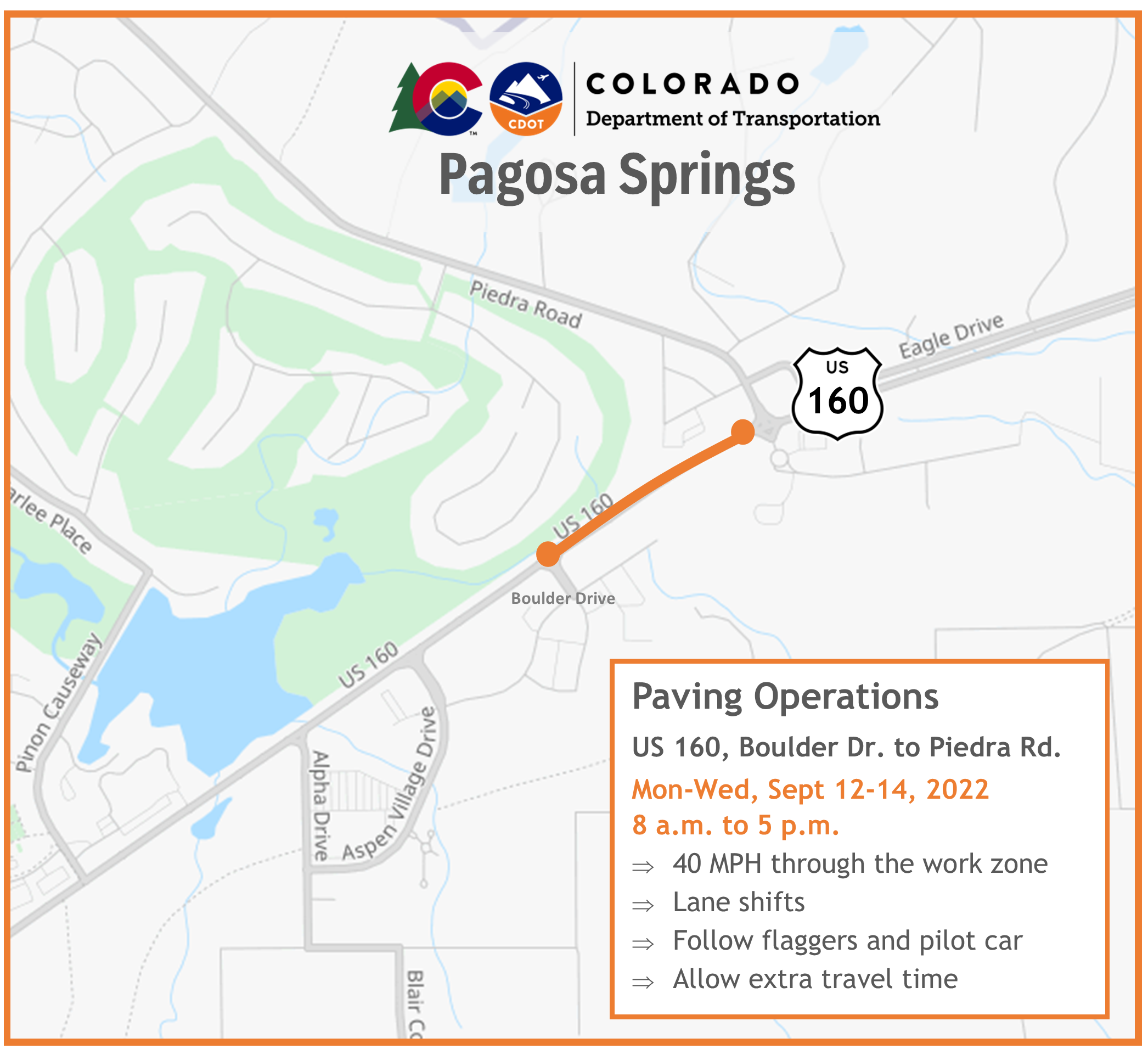 Paving operations map on US 160 in Pagosa Springs detail image