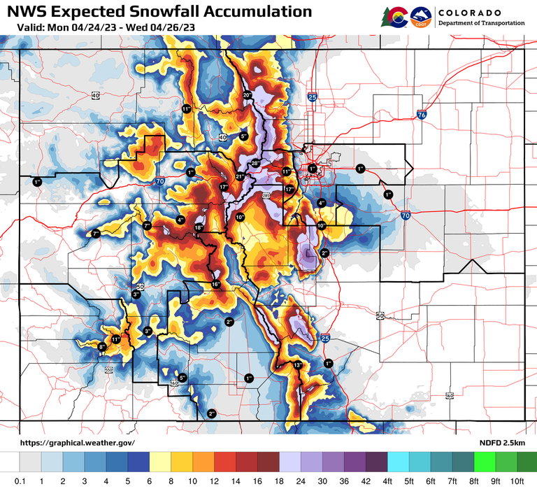 National Weather Service expected snowfall accumulation map for April 24 to 26, 2023 across Colorado