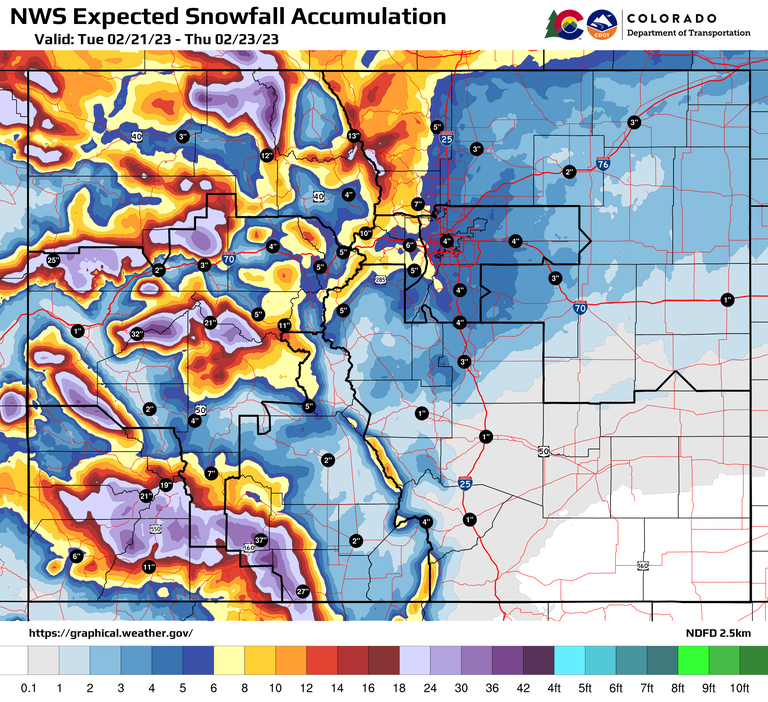 National Weather Service expected snowfall accumulation map 02212023 thru 022323