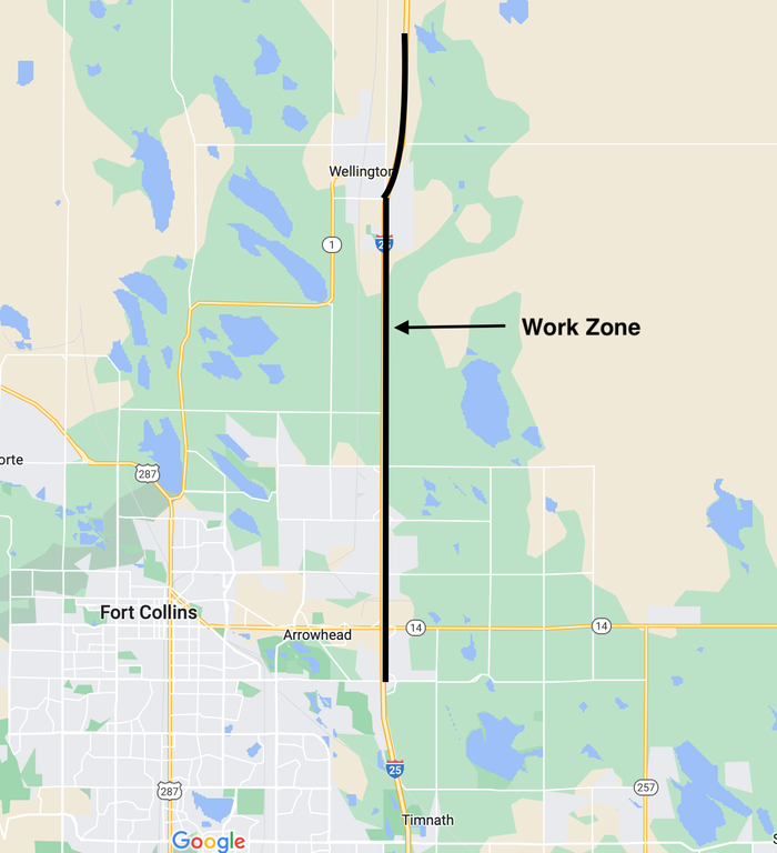 I-25 in Larimer County work zone between Fort Collins and Wellington