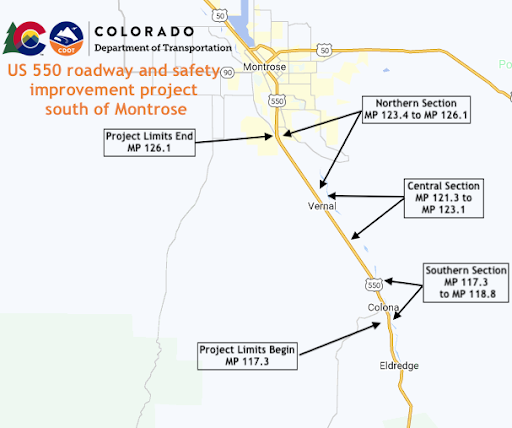 US 550 roadway and safety improvement project south of Montrose from Mile Point 126.1 to Mile Point 117.3