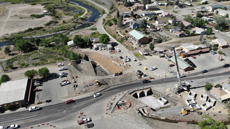 Aerial view of the McCabe Creek project work zone located along US 160 in Pagosa Springs (Photo courtesy Town of Pagosa Springs)