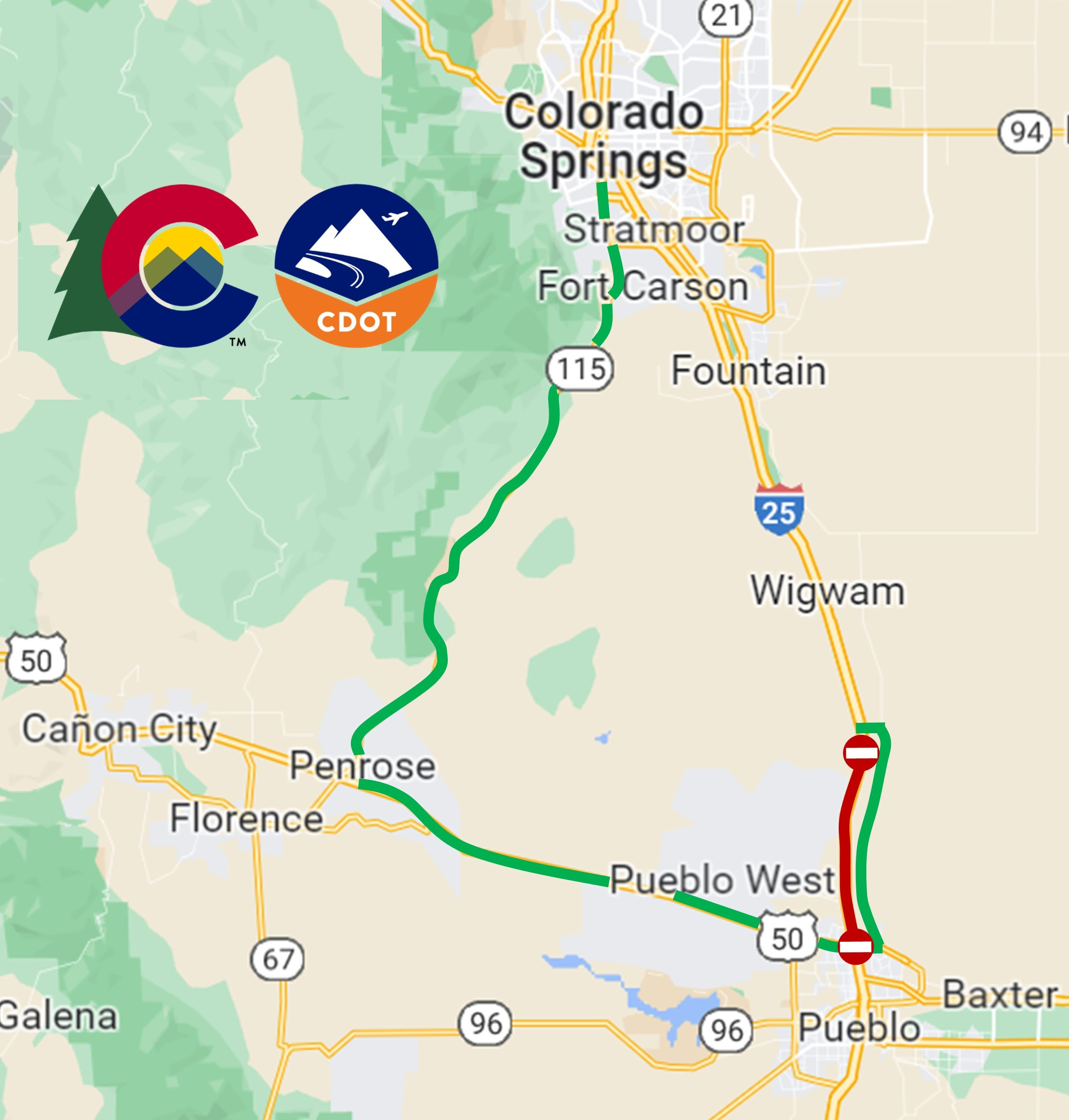 CO 115 from Penrose to Colorado Springs US 50 to Pueblo detour map.jpg detail image