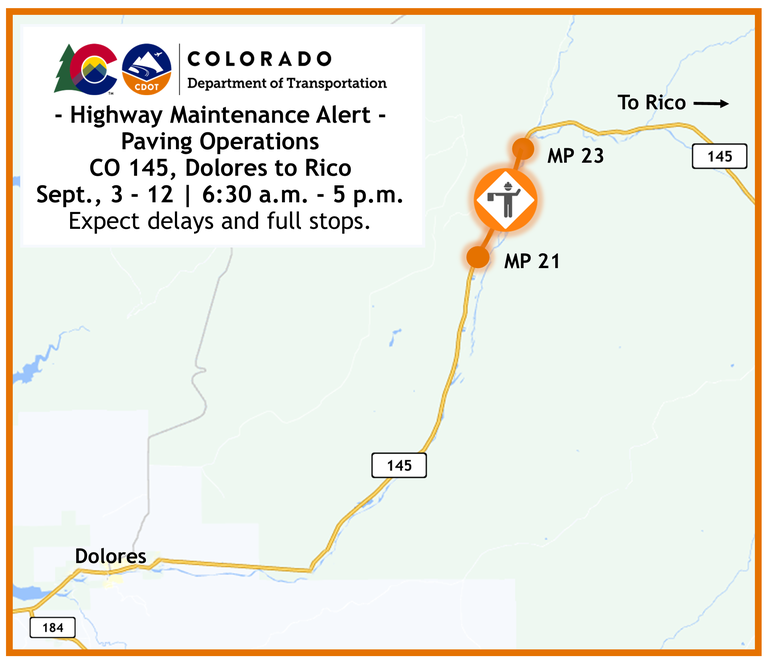 Map of CO 145 paving operations between Dolores and Rico