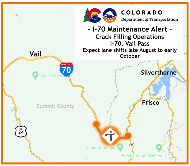 Map of I-70 Vail Pass crack filling operations between Vail and Silverthorne. Motorists can expect lane shifts from Mile Point 190 to 195 beginning late August through early October.