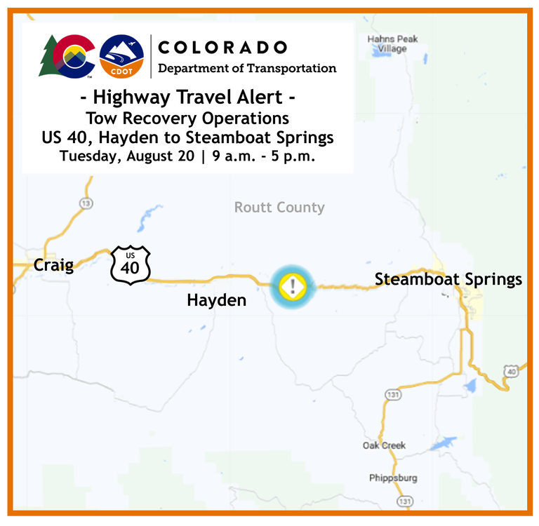 Map of the tow recovery operations on US 40, between Hayden and Steamboat Springs