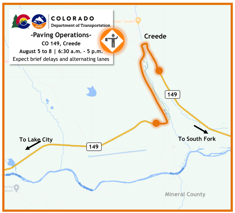 Map of paving operations August 5 to 8 on CO 149 in Creede