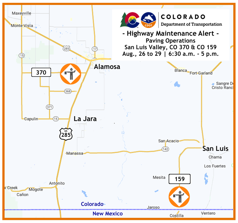 Map of paving operations scheduled from August 26 to 29 on CO 370 and CO 159 in the San Luis Valley