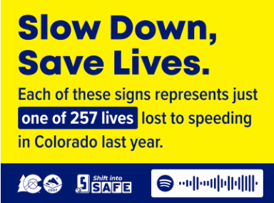  Yellow and blue graphic with Colorado Department of Transportation logo, Shift into Safe logo and QR code to the “No Need for Speed” calm driving Spotify playlist. On graphic copy reads &quot;Slow down, save lives. Each of these signs represents just one of 257 lives lost to speeding in Colorado last year.”