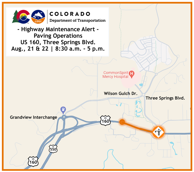 Colorado Department of Transportation Maintenance Alert Map of paving operations taking place August 21 and 22 at the intersection of US 160 and Three Springs Boulevard between 8:30 a.m. and 5 p.m.