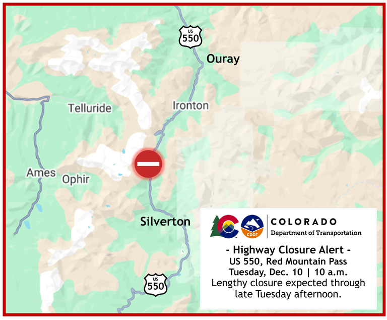 Colorado Department of Transportation Highway Closure Alert Map of the Dec. 10 closure on US 550 between Silverton and Ouray. 