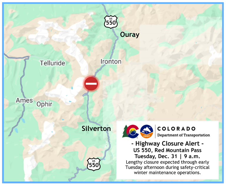 Map of the Dec. 31 closure on US 550 between Silverton and Ouray. 