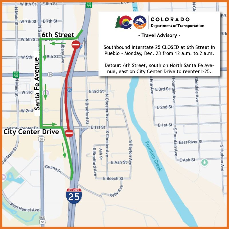 Map of Southbound I25 closure in Pueblo 122324.jpg detail image