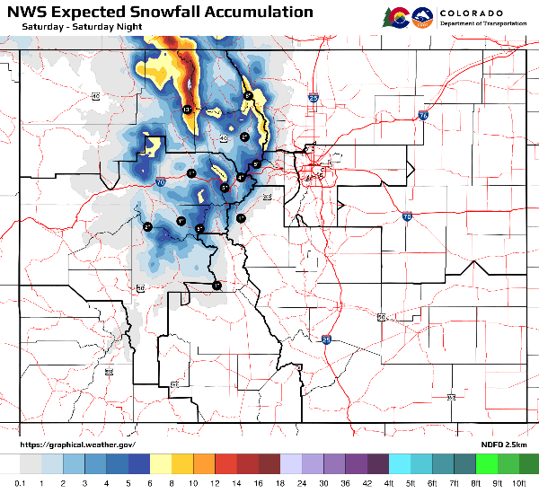 Map indicating snow accumulations for Saturday, Dec. 28.