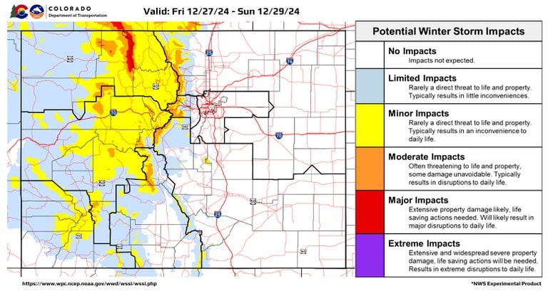 Map indicating roadway impacts due to winter weather, December 27 to 29.