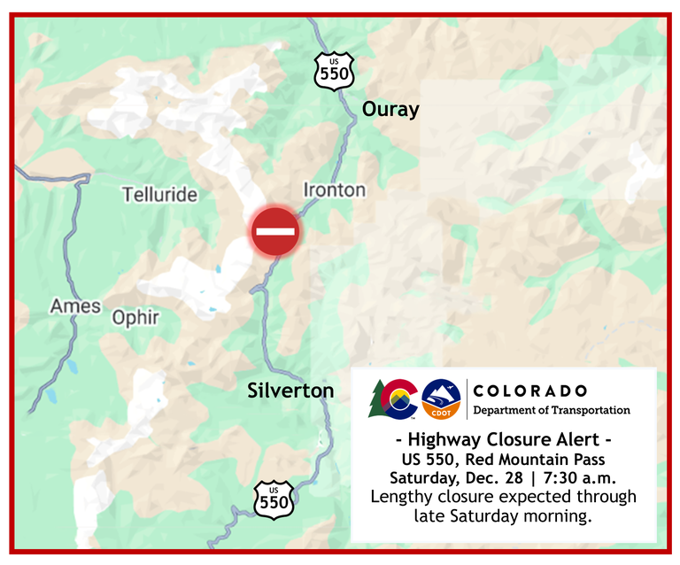 Highway Closure Alert Map - Dec. 28 closure on US 550 Red Mountain pass between Silverton and Ouray