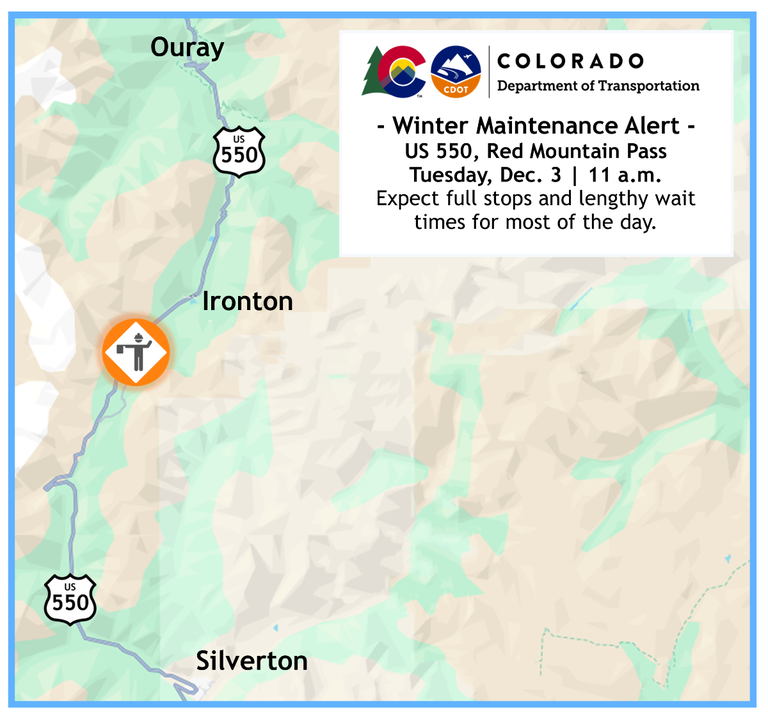 Colorado Department of Transportation Winter Maintenance Alert map of full stops and lenghty wait times for most of the day beginning at 11 a.m. on Tuesday, Dec. 3 between Ouray and Silverton. 