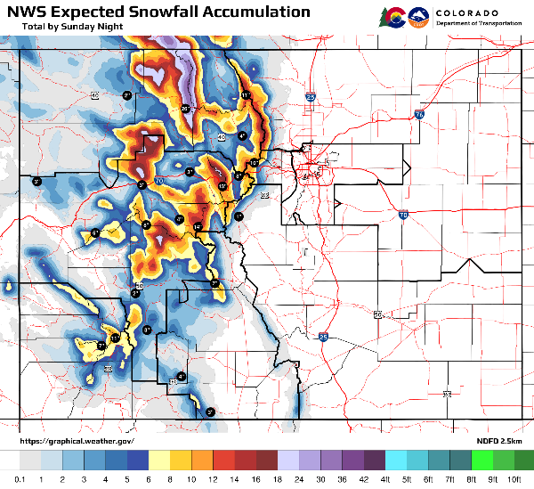 Map indicating snow accumulations for Sunday, Dec. 29.