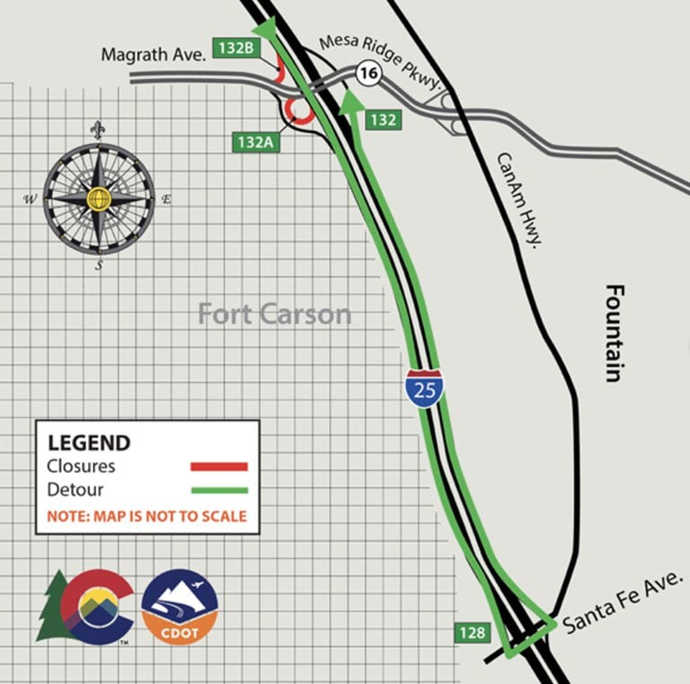 Detour map for I-25 off-ramp closures and exits 132A and 132B