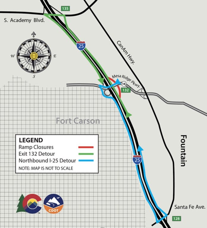 Detour map for northbound I-25 on- and off-ramp closures at Mesa Ridge Parkway